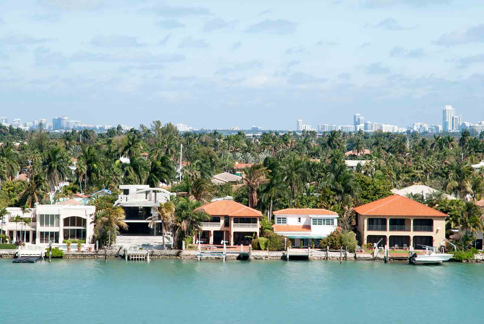 Aerial shot of waterfront homes in affluent neighborhood in Miami